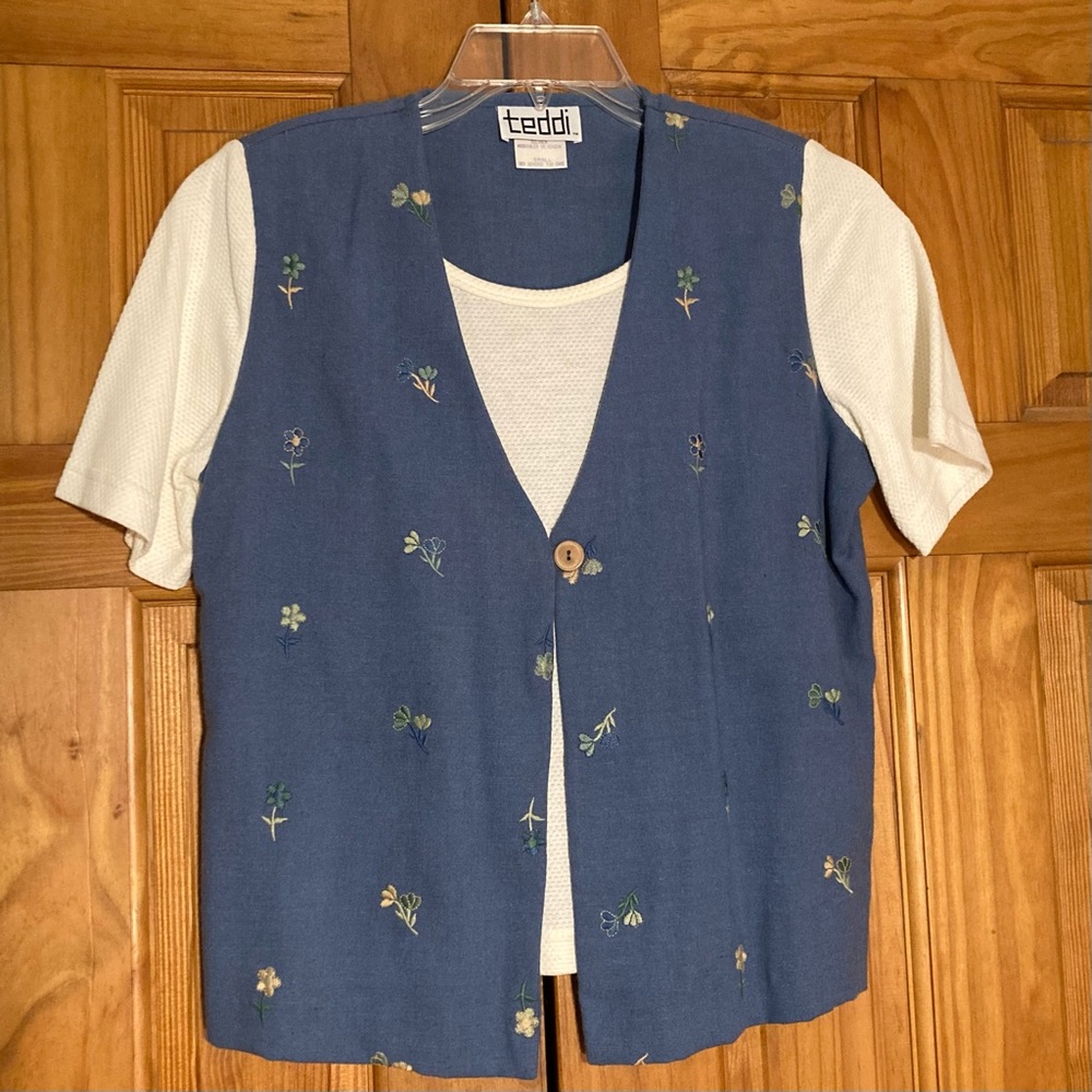 NWOT Teddi Vintage 80s Top Mock Vest Short Sleeve Blouse Blue White Size S Small